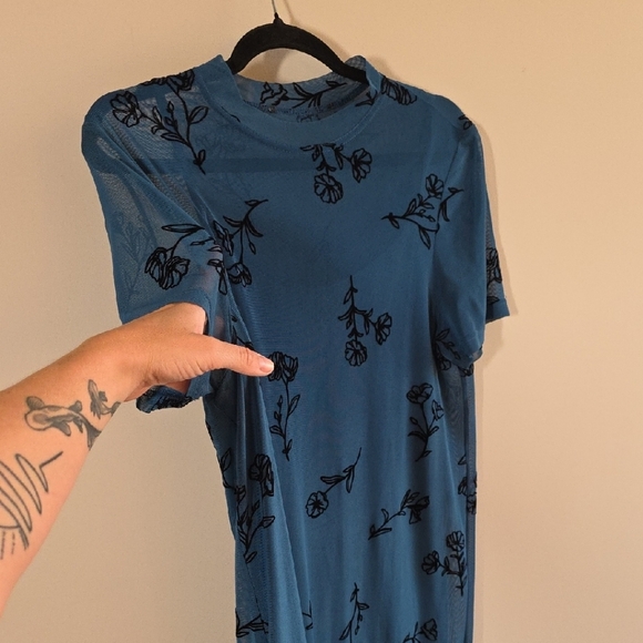 2/$20 Teal Short Sleeve Floral Dress - Semi Sheer Layer Over Strappy Dress - Picture 1 of 4